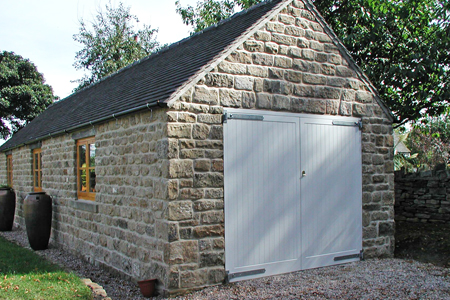 Timber side hinged garage door, vehicle and pedestrian access