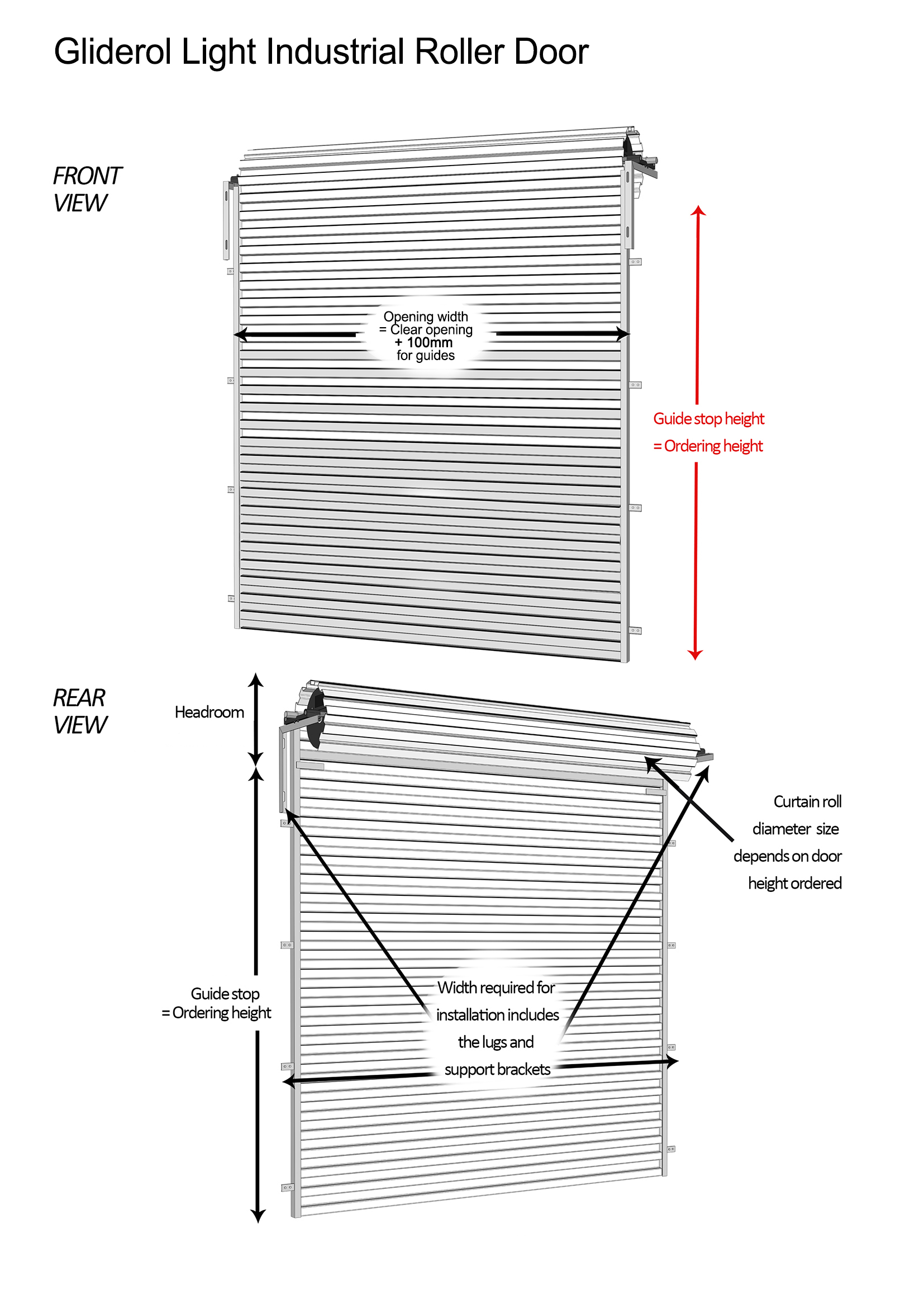 Gliderol Light Industrial Roller Door Measuring Diagram