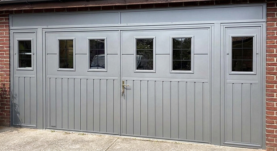 CarTeck garage door and matching pedestrian door with coordinated design, colour and framework