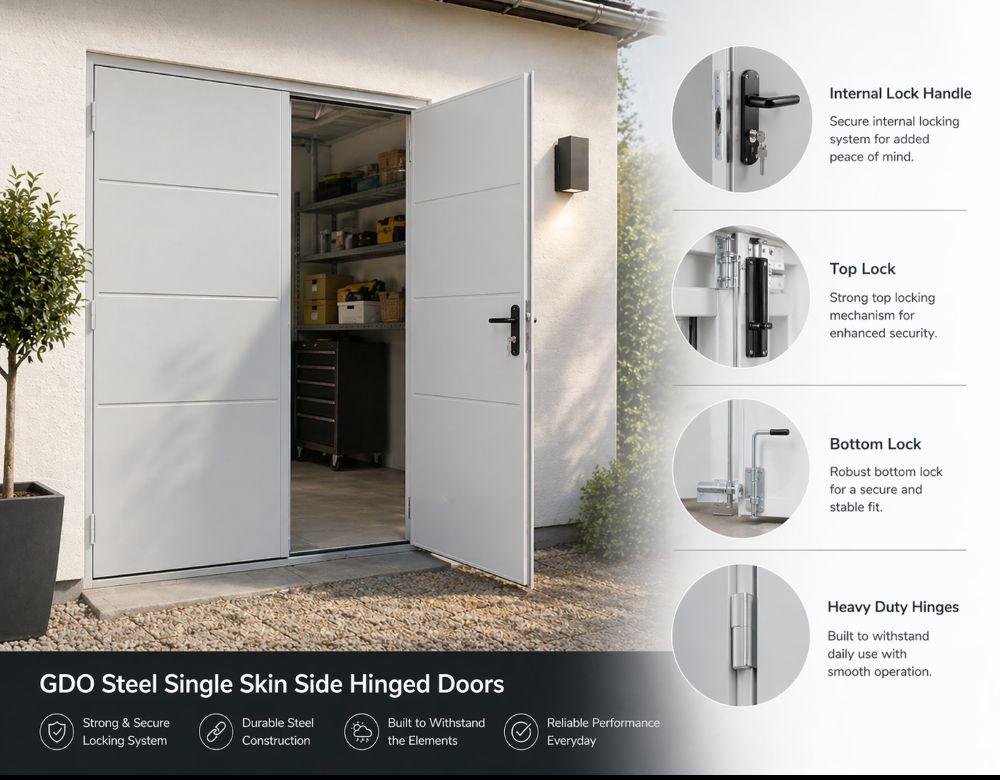 Single skin side hinged garage door